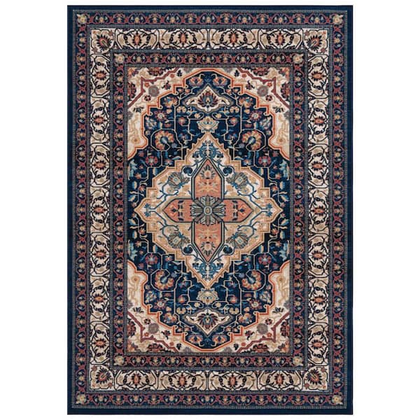 Journey Navy/Ivory 8 ft. x 10 ft. Machine Washable Medallion Ornate Area Rug