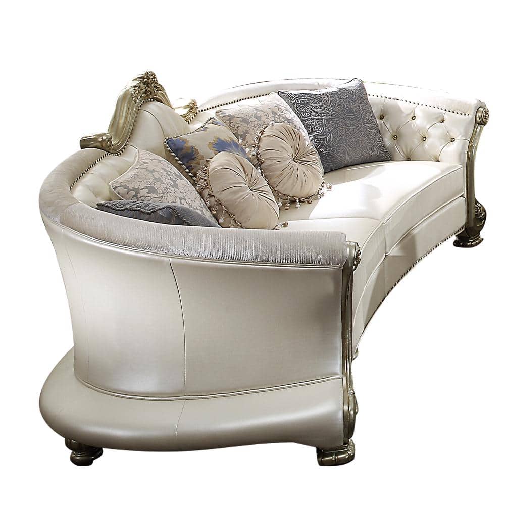 Dresden II Pearl Gold Patina Tufted Leather Sofa with Pillows