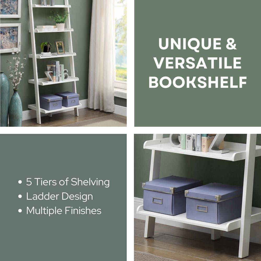 White Wooden Leaning Bookshelf Ladder with Five Shelves