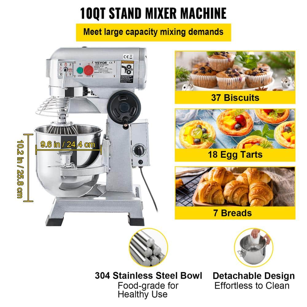 Silver 10 Quart Stainless Steel Commercial Stand Mixer
