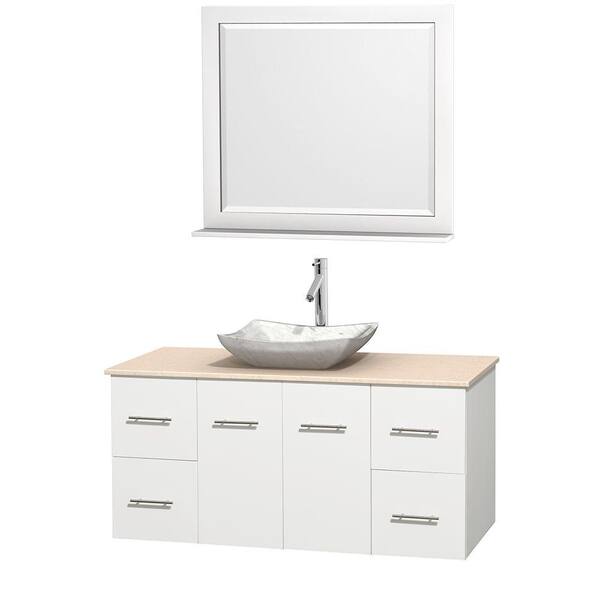 Wyndham Collection Centra 48 in. Vanity in White with Marble Vanity Top in Ivory, Carrara White Marble Sink and 36 in. Mirror