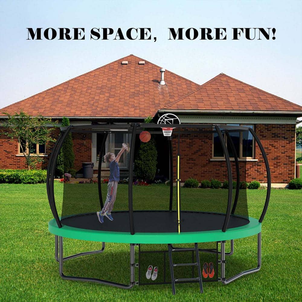 12FT Black Round Kids' Trampoline with Safety Enclosure and Ladder