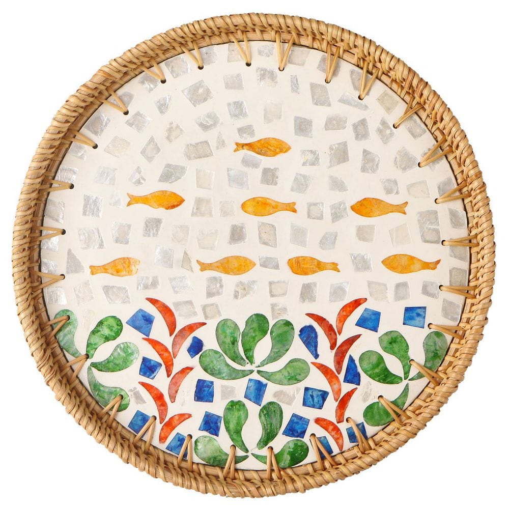 Multi-Colored Round Wicker Tray, Inlaid with Mother-of-Pearl, Decorative Wicker Tray with Wooden Base price history on PriceWatchPro