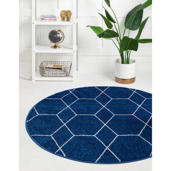 Trellis Frieze Navy/Ivory 5 ft. x 5 ft. Round Geometric Area Rug