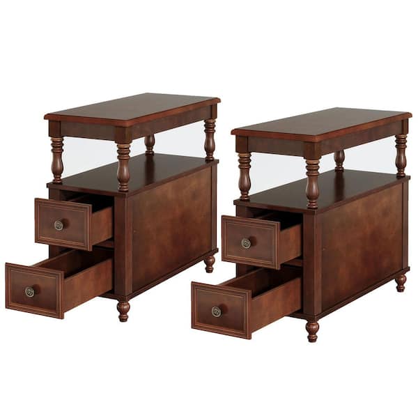 BYBLIGHT Kerlin 23.6 in. Brown Rectangle Solid Wood End Table Side Table with 2 Drawers Set of 2