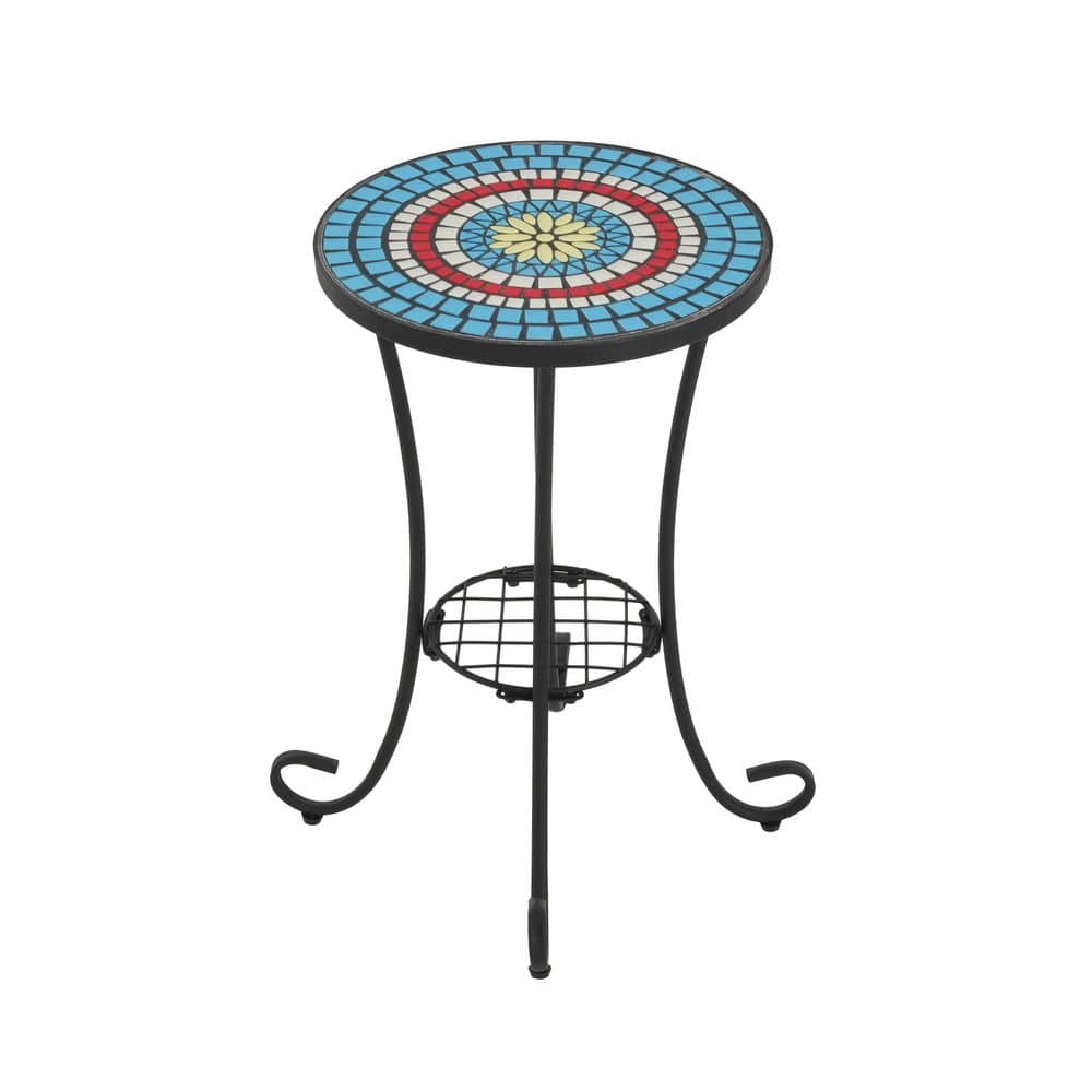 Round Patio Side Table with Shelf-Colorful Ceramic Top and Powder-Coated St