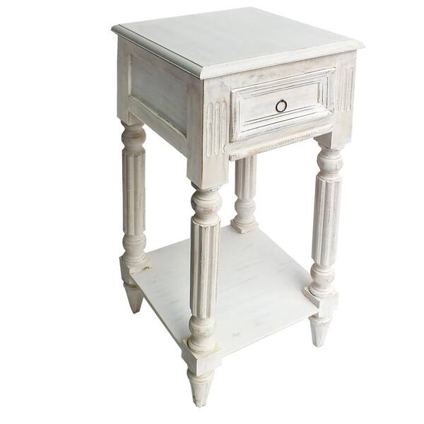 Benzara White Spacious Mango Wood Side Table with Metal Ring Handle