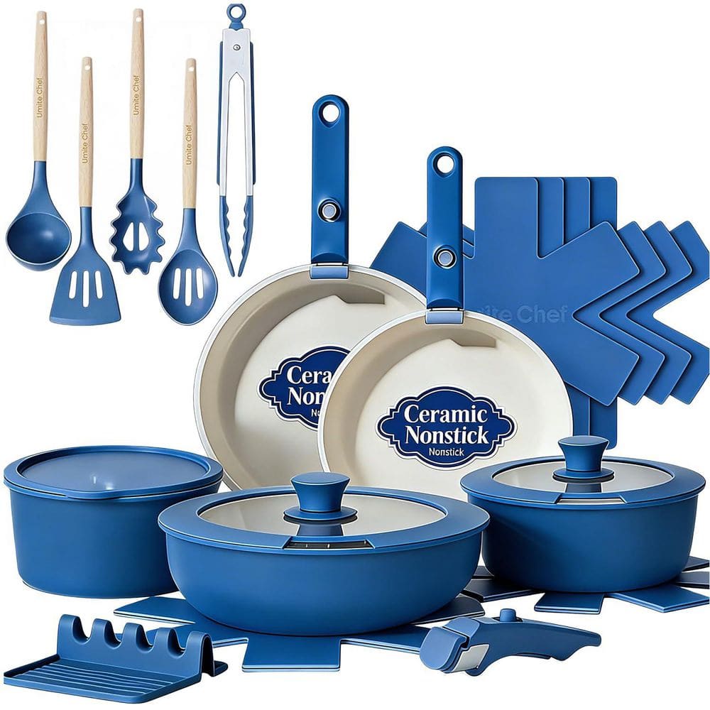 21-Piece Nonstick Aluminum Cookware Set with Lids in Blue, Detachable Handle, NonToxic Induction RV Kitchen Cooking Set price history on PriceWatchPro