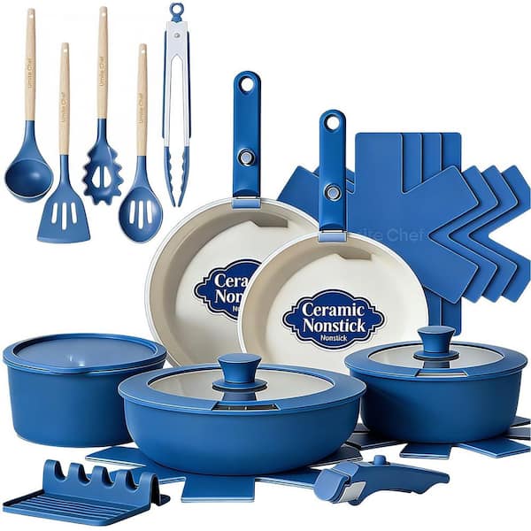 21-Piece Nonstick Aluminum Cookware Set with Lids in Blue, Detachable Handle, NonToxic Induction RV Kitchen Cooking Set