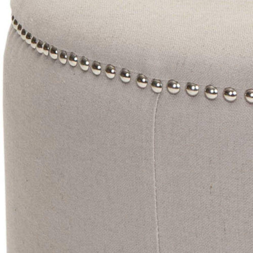 Transitional Round Beige Linen Ottoman with Nailhead Trim