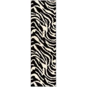 Madison Shag Safari Zebra Black 2 ft. x 7 ft. Contemporary Geometric Runner Rug