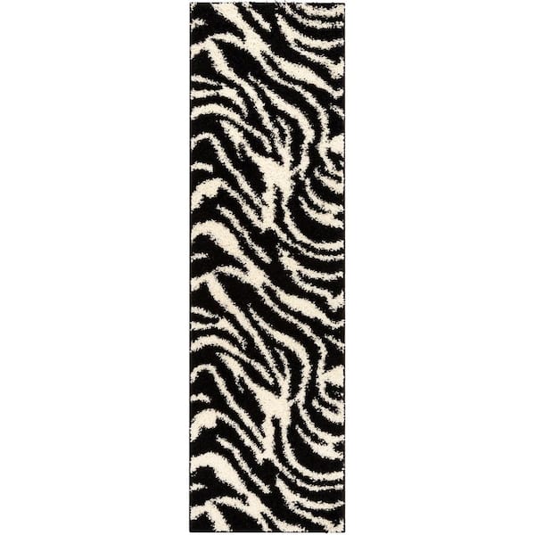 Well Woven Madison Shag Safari Zebra Black 2 ft. x 7 ft. Contemporary Geometric Runner Rug