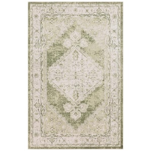 Astra Machine Washable Ivory Green 3 ft. x 5 ft. Center medallion Traditional Area Rug