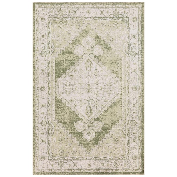 Astra Machine Washable Ivory Green 3 ft. x 5 ft. Center medallion Traditional Area Rug
