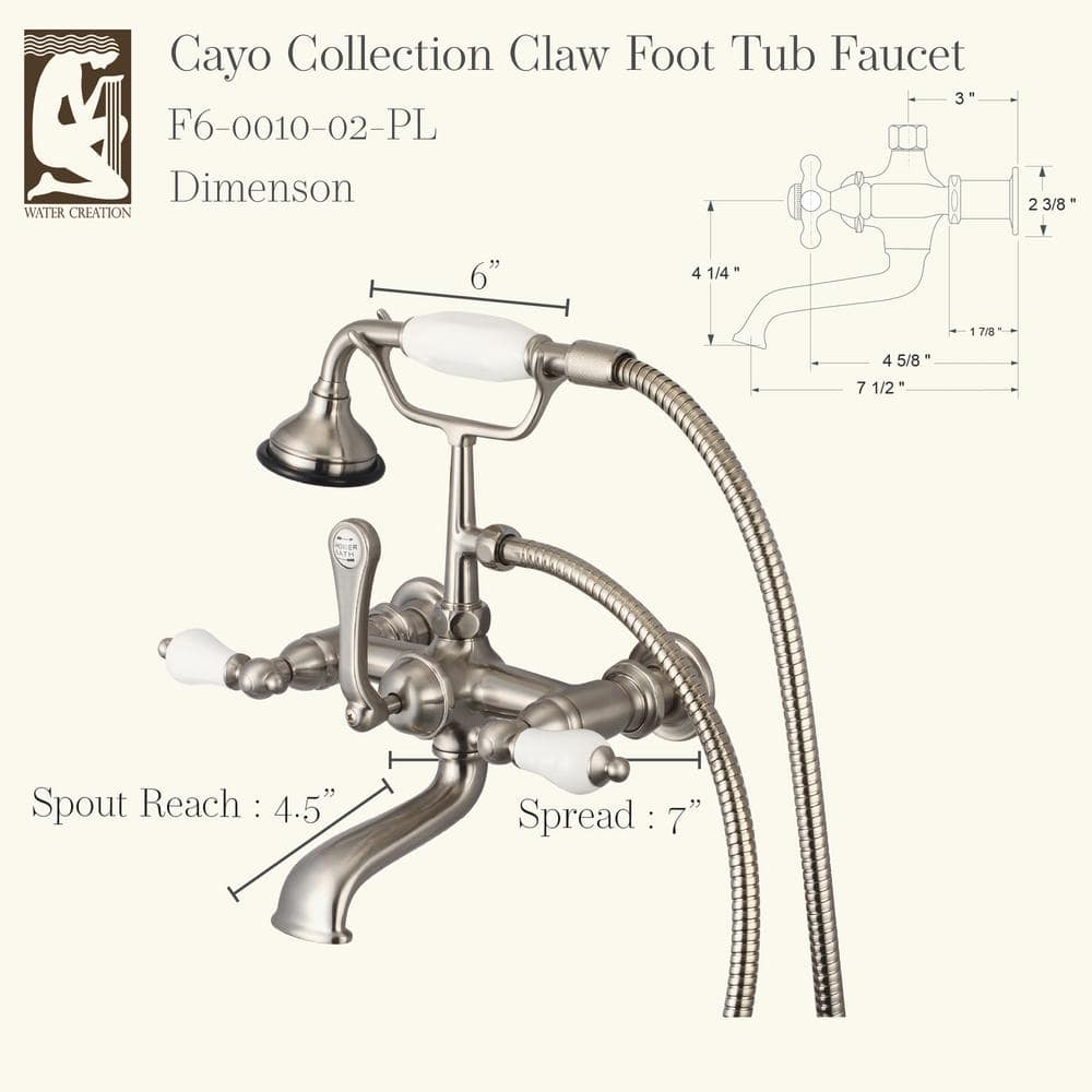 Vintage Classic Brushed Nickel Wall Mount Tub Faucet with Porcelain Handles