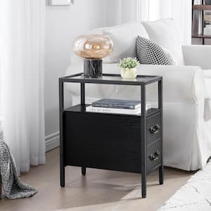 Black End Table Narrow Side Table 2-Drawers & Open Storage Shelf Glass Top Nightstand 19.7 in. L x 11 in. W x 23.6 in. H
