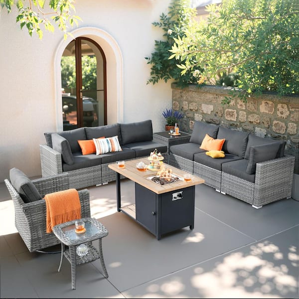 HOOOWOOO Messi Gray 10-Piece Wicker Outdoor Fire Pit Patio Conversation Sectional Sofa Set with a Swivel Chair and Black Cushions