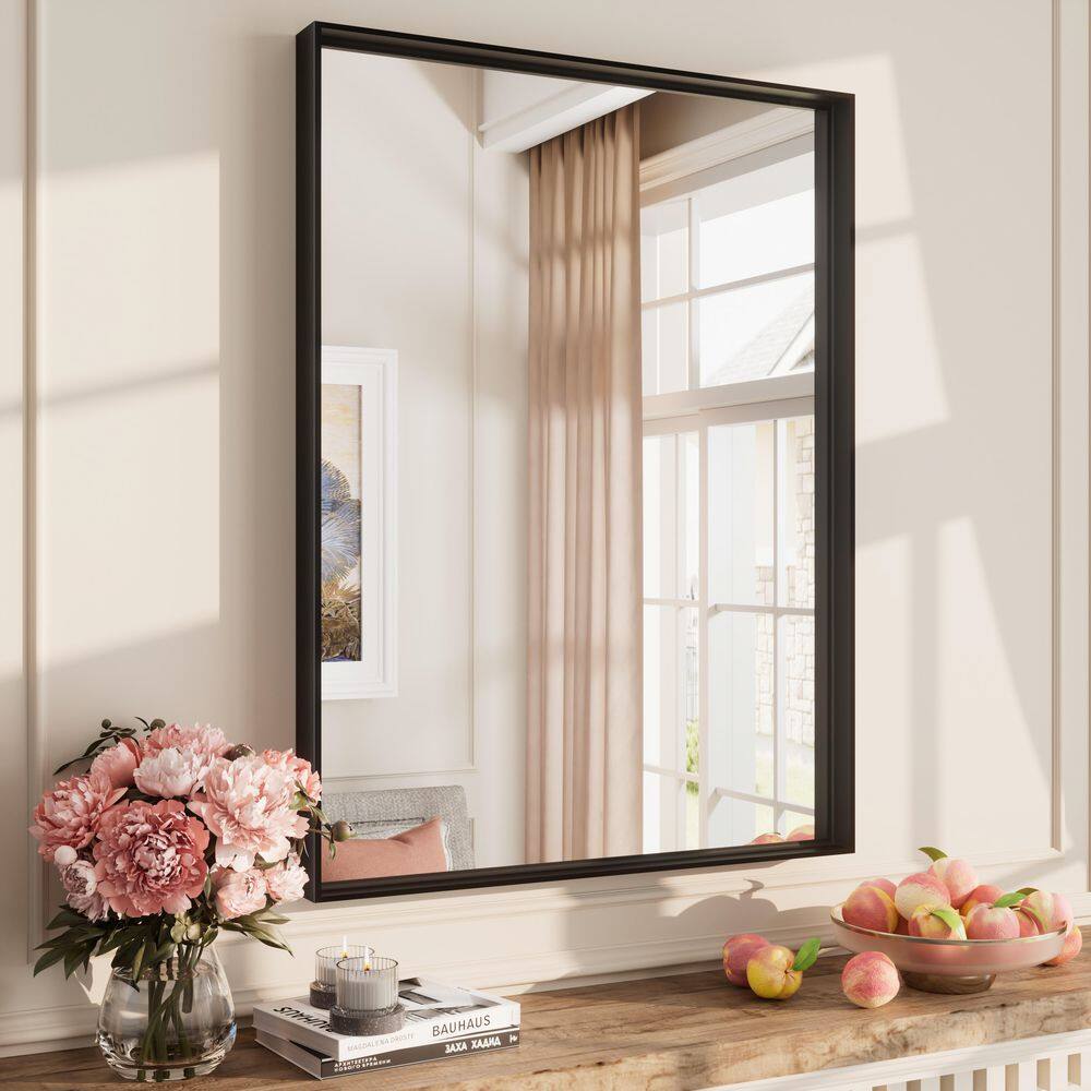 24 in. W x 32 in. H Rectangular Aluminum Alloy Framed and Tempered Glass Wall Bathroom Vanity Mirror in Matte Black price history on PriceWatchPro