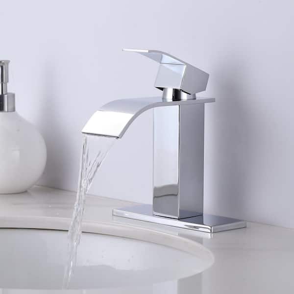 4 in. Centerset Single Handle High Arc Waterfall Bathroom Faucet with Pop Up Drain and Supply Lines in Polished Chrome