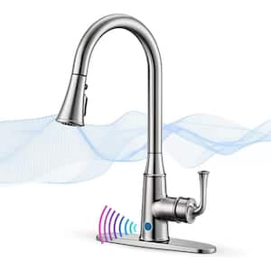 Single Handle 4 Mode Pull Down Sprayer Kitchen Faucet with 1s Sensor Control Box, Deck Mount, in Brushed Nickel