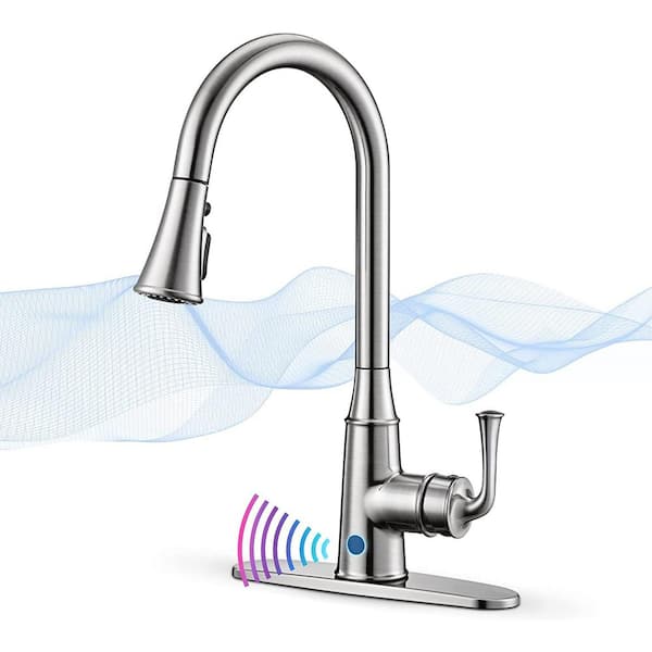 YONKI SUNSHIN INC Single Handle 4 Mode Pull Down Sprayer Kitchen Faucet with 1s Sensor Control Box, Deck Mount, in Brushed Nickel