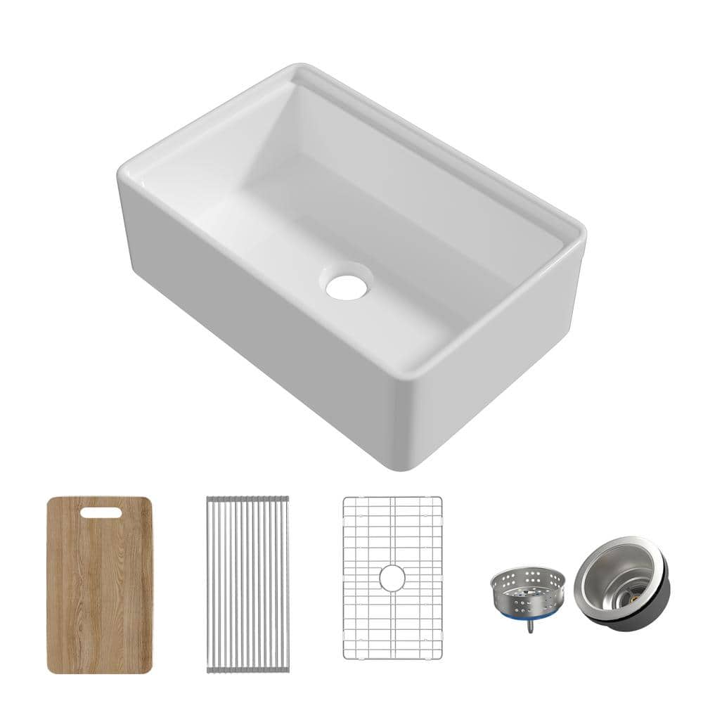 White Fireclay 33 in. L x 20 in. W Single Bowl Farmhouse Apron Workstation 