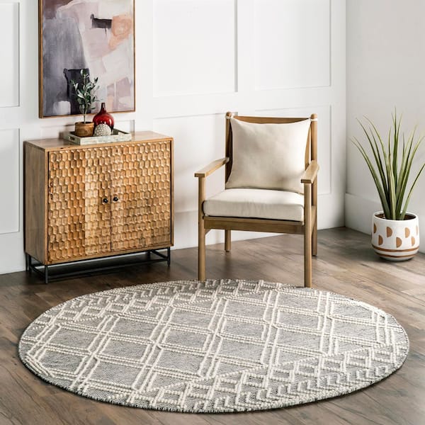 Natti 8 ft. x 8 ft. Contemporary Trellis Gray Indoor Round Rug