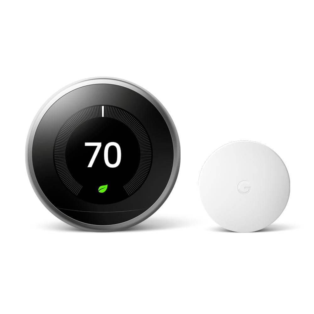 Google Nest Learning Thermostat - Smart Wi-Fi Thermostat Stainless Steel + Nest Temperature Sensor, Silver -  VBD3KR2018