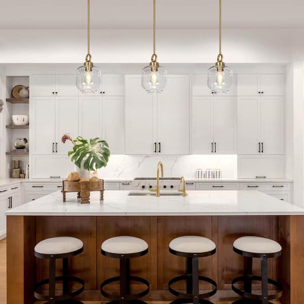 1-Light Electroplate Brass Island Pendant Light with Clear Glass Shade