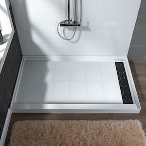 Krasik 60 in. L x 30 in. W Alcove Solid Surface Shower Pan Base with Right Drain in White with Matte Black Cover