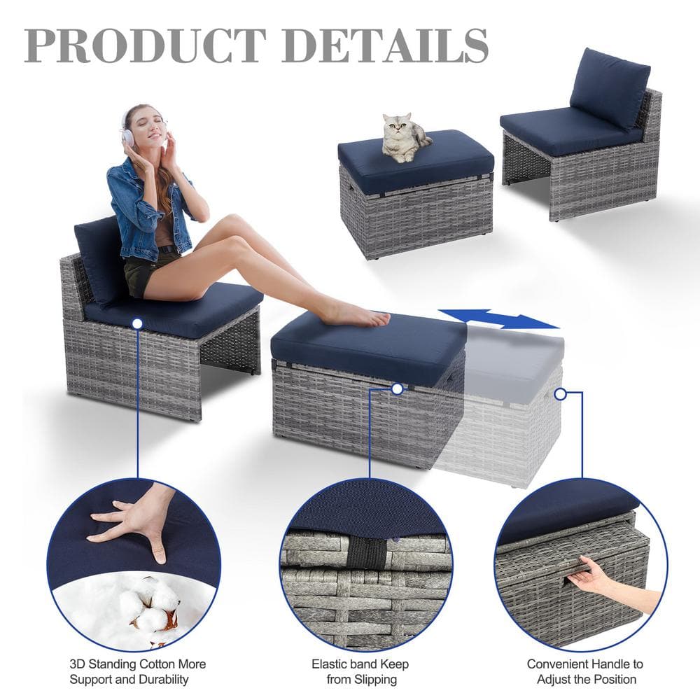Gray Wicker Outdoor Lounge Chair with Navy Blue Cushions