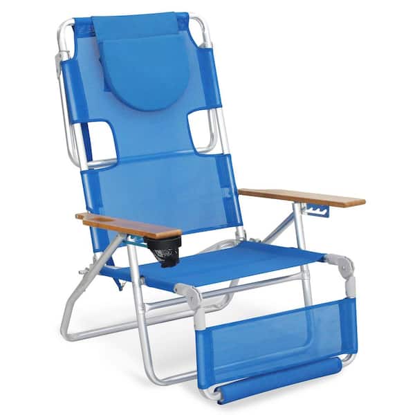 Unbranded Modern Silver Foldable Metal Outdoor Lounge Chair with Blue Cushions