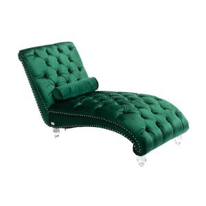 Emerald Velvet Upholstered Leisure Armless Button Tufted Concubine Chaise Lounge with Bolster Throw Pillow Acrylic Foot