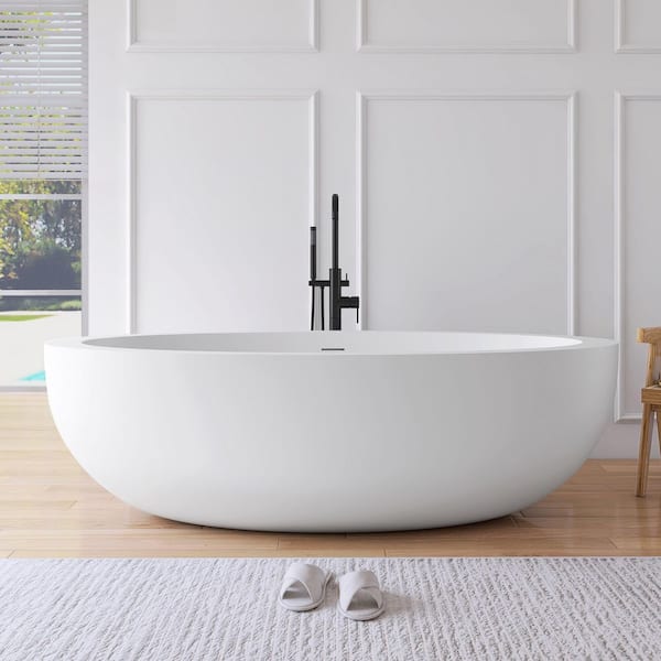 73 in. x 31.5 in. Stone Resin Solid Surface Flatbottom Freestanding Soaking Bathtub in White