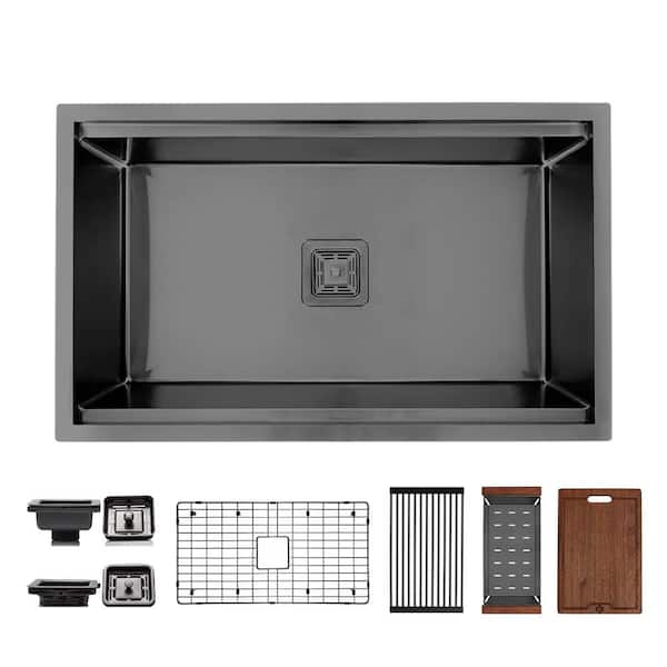 Black 32 in. Stainless Steel Single Bowl Undermount Workstation Sink with Center Square Drain and Accessories