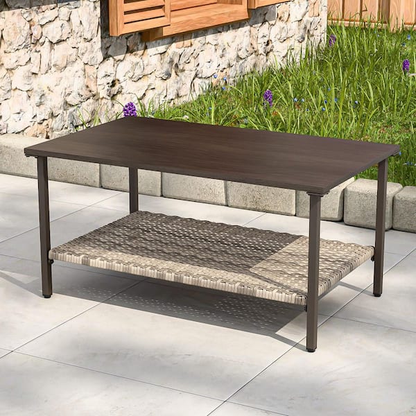 COOS BAY Patio Outdoor Wood Grain Top Steel Rectangular Coffee Table with Wicker Shelf