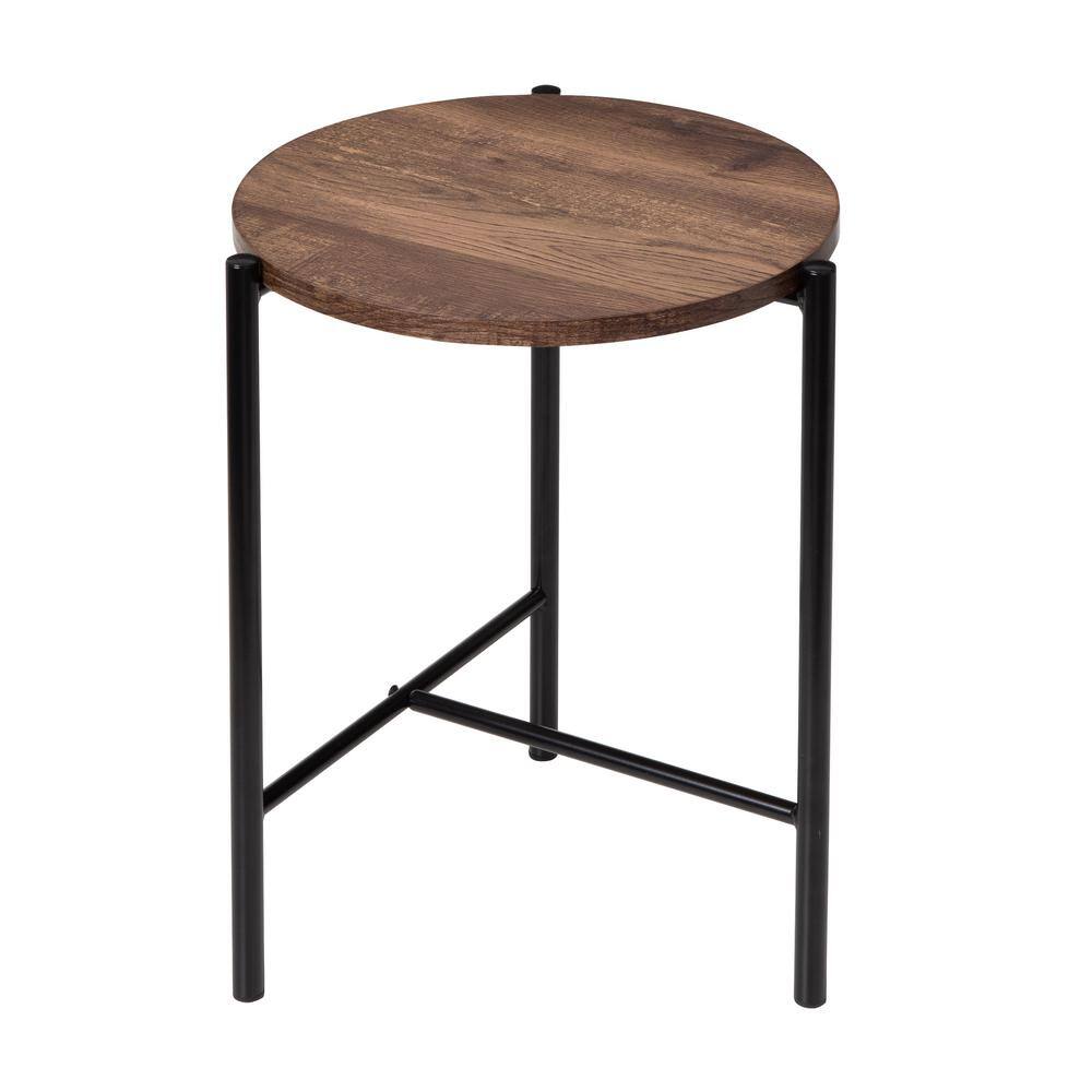 Natural Wood and Black Metal Round Side Table
