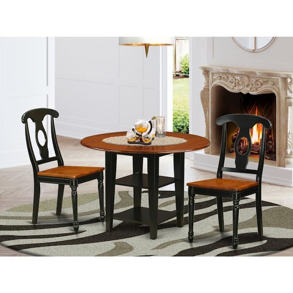 East West Furniture 3-Piece Black and Cherry Finish Round Solid Wood Top Dining Table Set