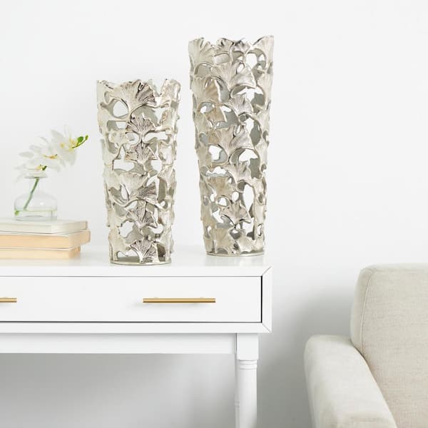 Litton Lane Silver Aluminum Decorative Vase with Gingko Leaf Design (Set of 2)