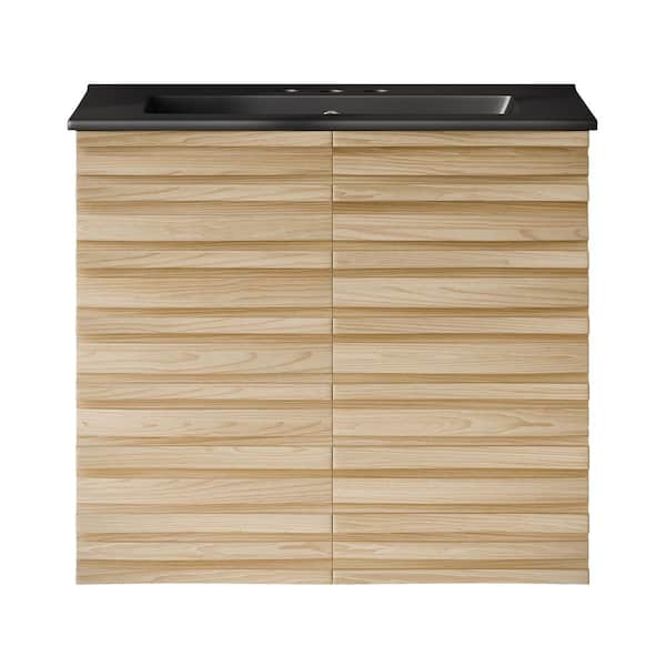 Cascade 24 in. Wall-Mounted Bath Vanity in Natural Oak with Black Ceramic 3-Hole Centerset Sink Top
