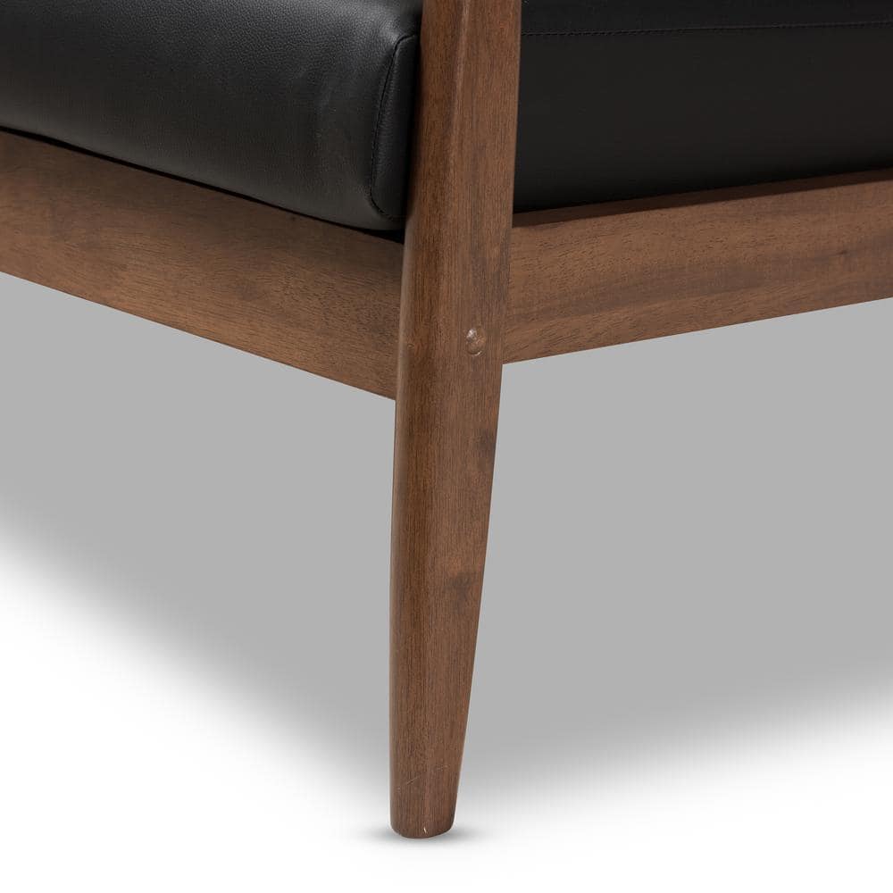 Mid-Century Modern Walnut Wood Black Faux Leather Loveseat
