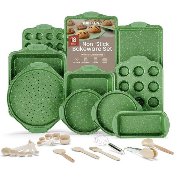 18-Piece Nonstick Green Marble Coating, Carbon Steel Bakeware Sets with Green Silicone Handles