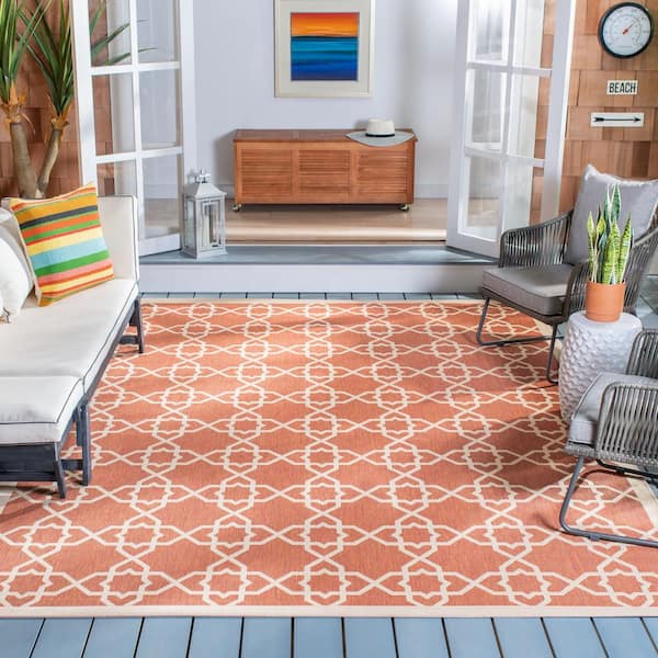 Courtyard Terracotta/Beige 7 ft. x 7 ft. Square Border Indoor/Outdoor Patio  Area Rug