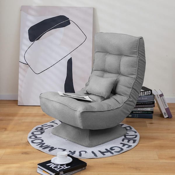 360-Degree Swivel Polyester Grey Floor Chair 5-Level Adjustable Lazy Chair with Massage Pillow Chaise Lounge