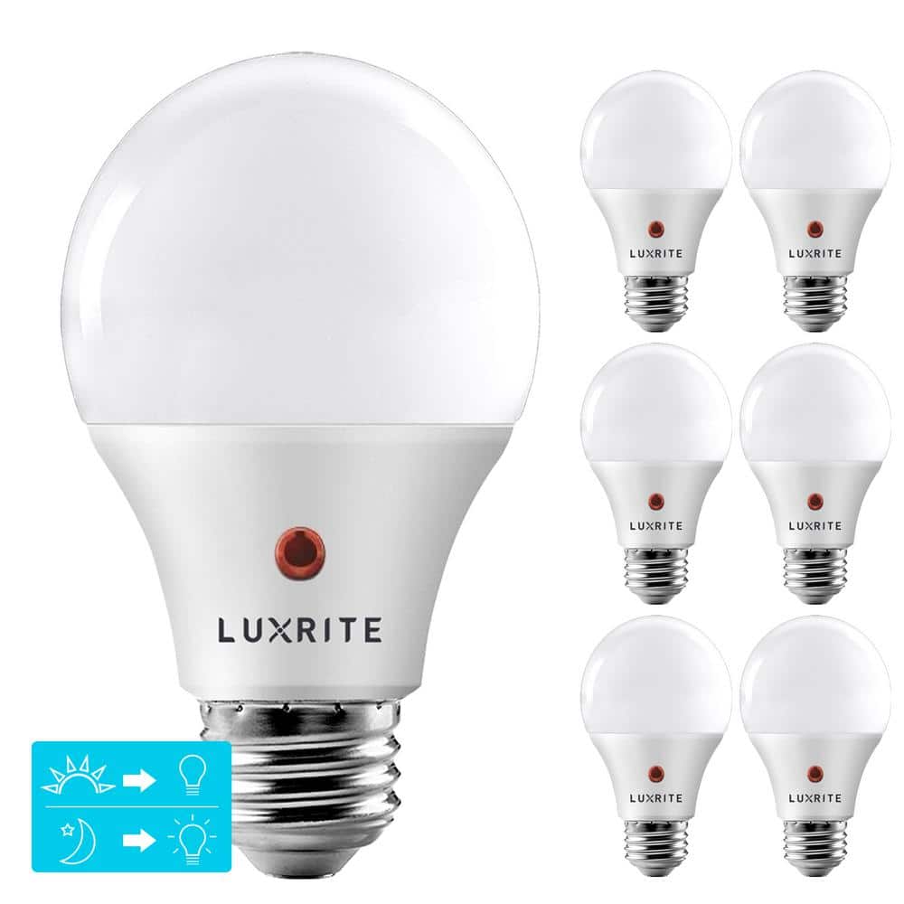 LUXRITE 60-Watt Equivalent A19 E26 Base Dusk to Down Sensor LED Light Bulb 5000K Bright White 6-Pack -  LR21473-6PK