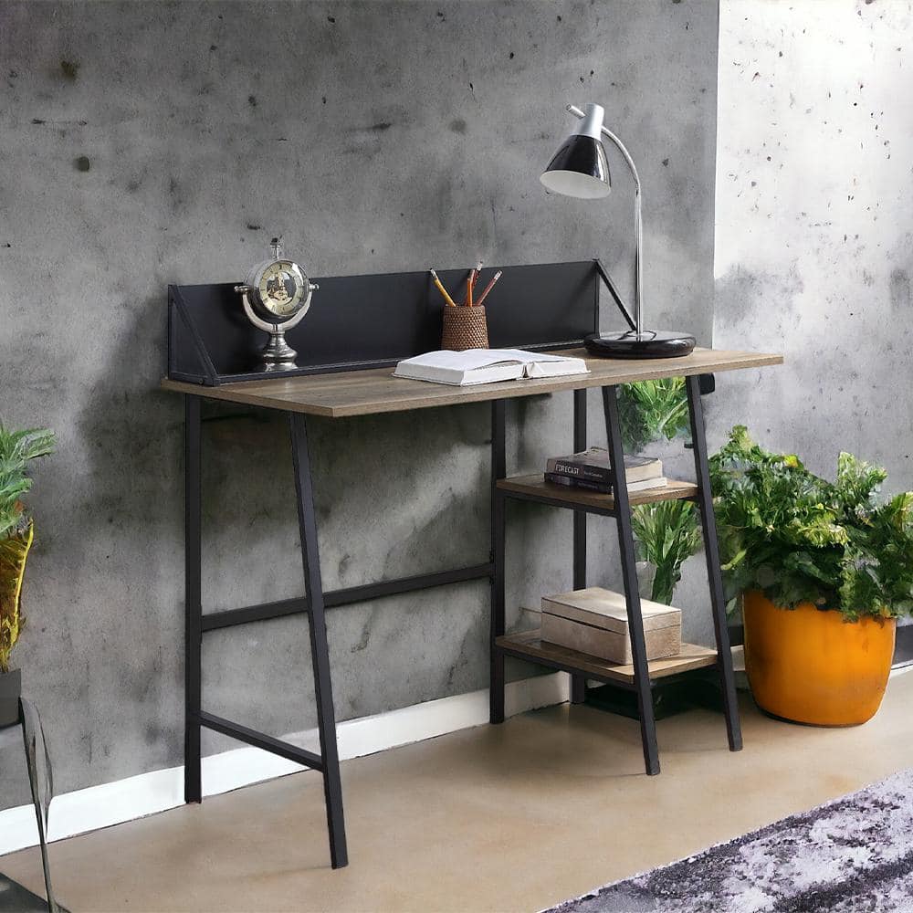 Rustic Oak and Black Wood Writing Desk with Shelves