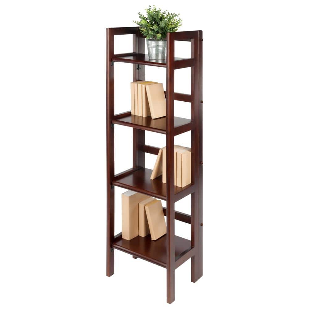 Transitional Slim Walnut 4-Tier Folding Bookcase for Kids and Books