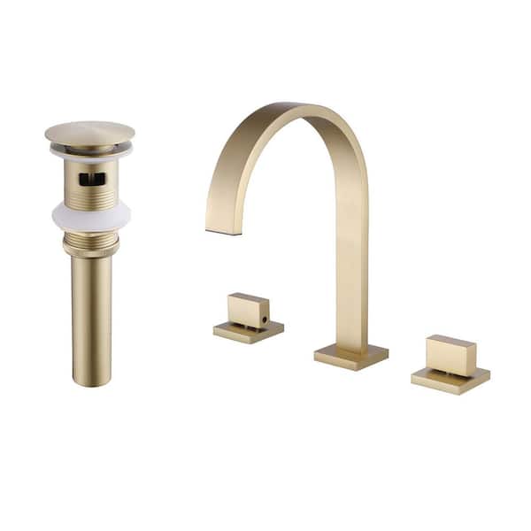 FLG 8 in. Widespread Double Handle Waterfall Bathroom Faucet with Drain Kit Brass 3 Holes Sink Vanity Taps in Brushed Gold