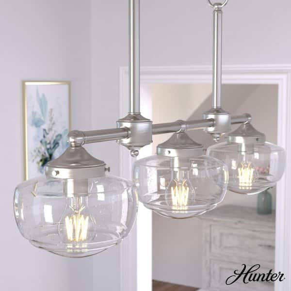 Hunter Saddle Creek 3-Light Brushed Nickel Schoolhouse Chandelier with Clear Seeded Glass Shades