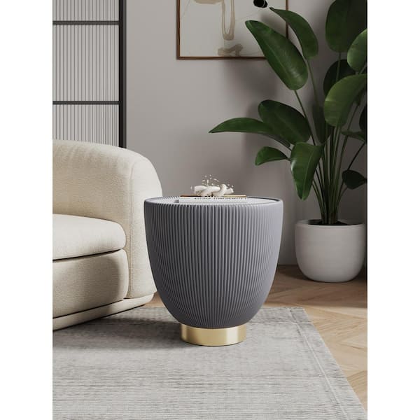 Manhattan Comfort Anderson Modern 18.43 in. Grey Round Faux Marble Top Faux Leather Upholstered End Table